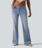 Low Rise Straight Leg Casual Jeans with Pockets — Baltic Sea Blue Denim — view 1