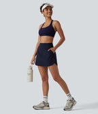 High Waisted Curved Hem 2-in-1 Mini Hiking Skirt with Pockets — Oceana — view 7