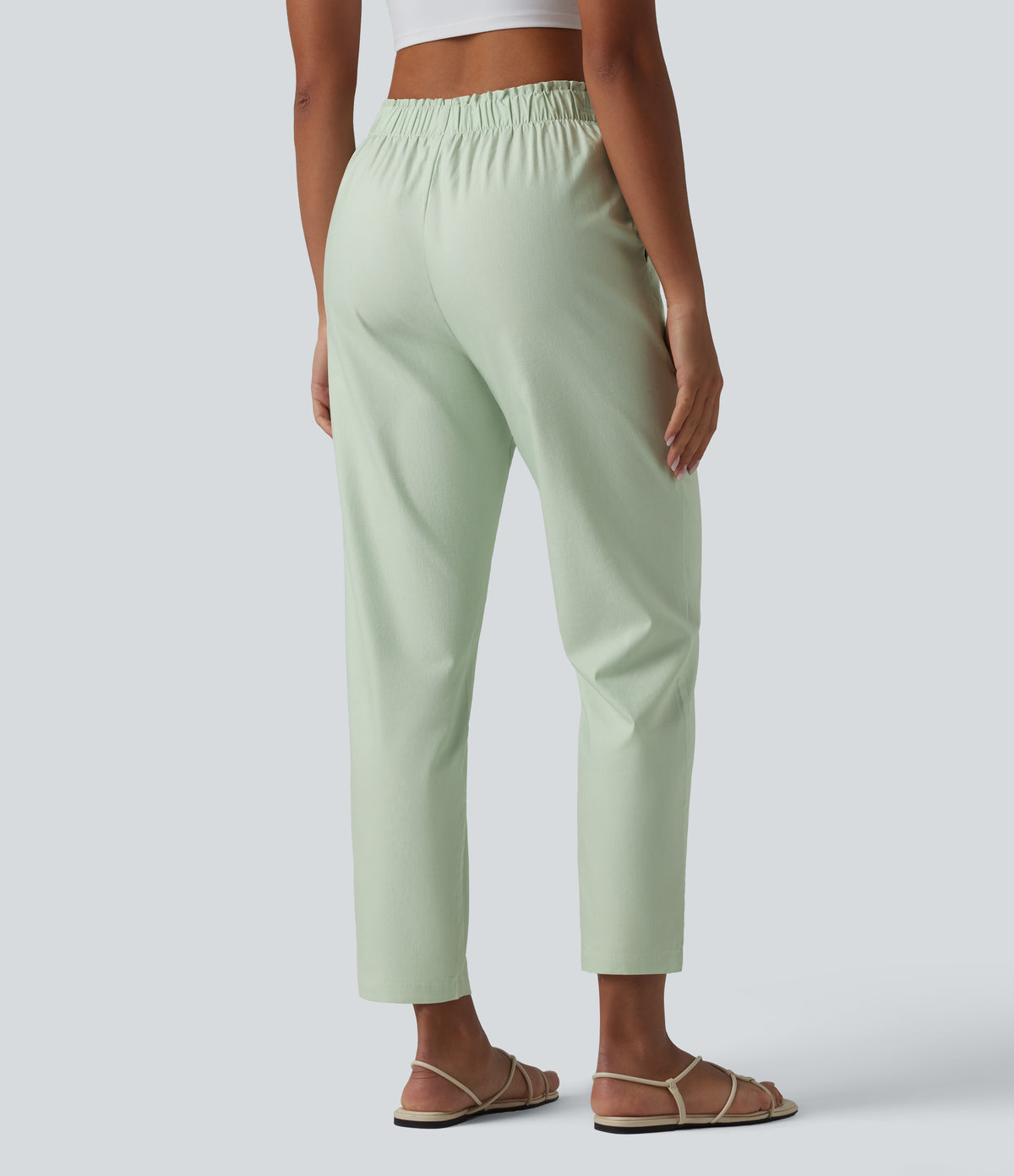High Waisted Tapered Casual Cotton Linen Trousers with Pockets — Pale Aqua — view 2