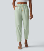 High Waisted Tapered Casual Cotton Linen Trousers with Pockets — Pale Aqua — view 3