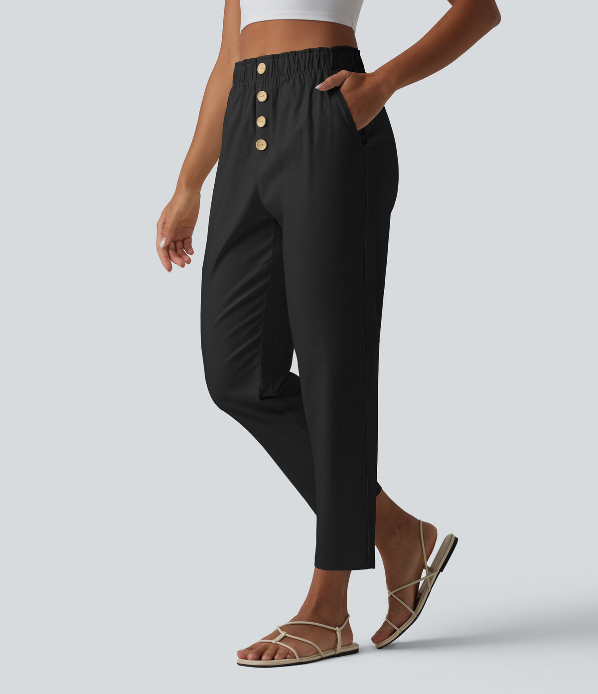 High Waisted Tapered Casual Cotton Linen Trousers with Pockets — Black — view 6