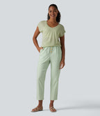 High Waisted Tapered Casual Cotton Linen Trousers with Pockets — Pale Aqua — view 5