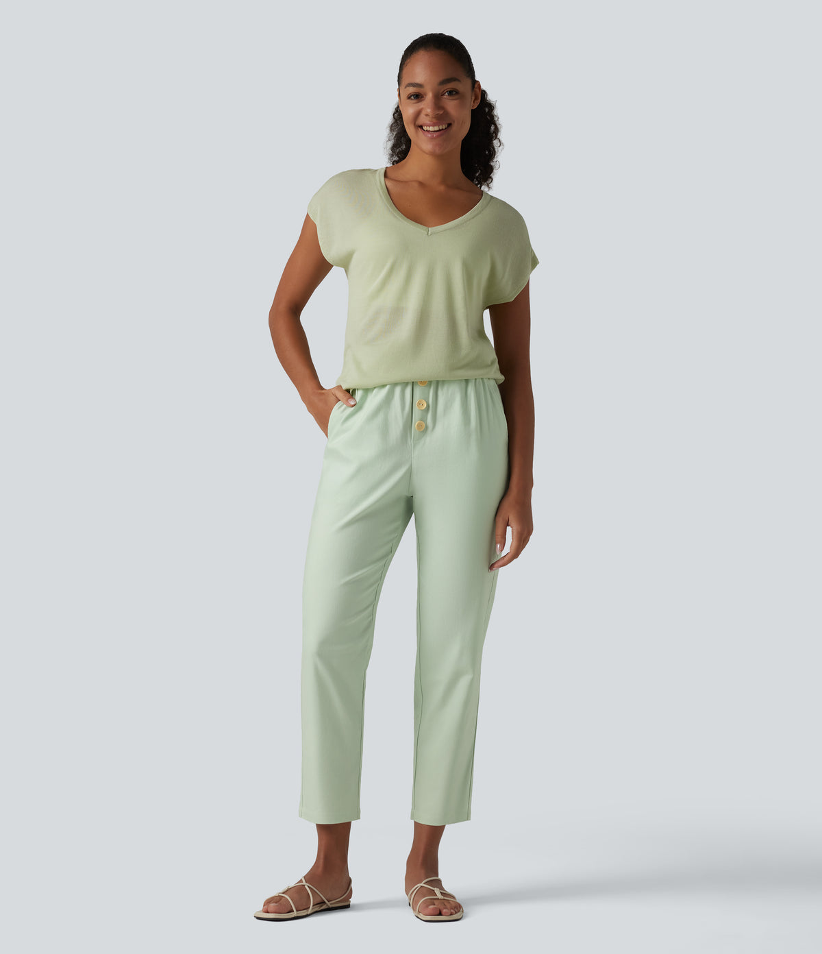 High Waisted Tapered Casual Cotton Linen Trousers with Pockets — Pale Aqua — view 5