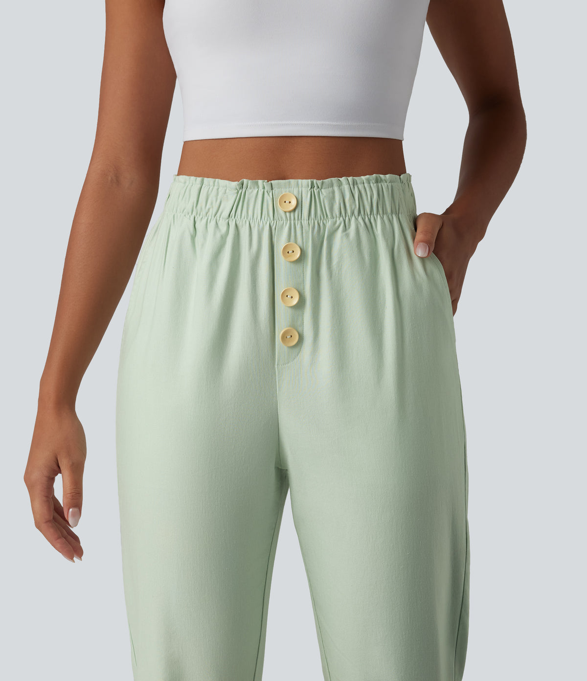 High Waisted Tapered Casual Cotton Linen Trousers with Pockets — Pale Aqua — view 4