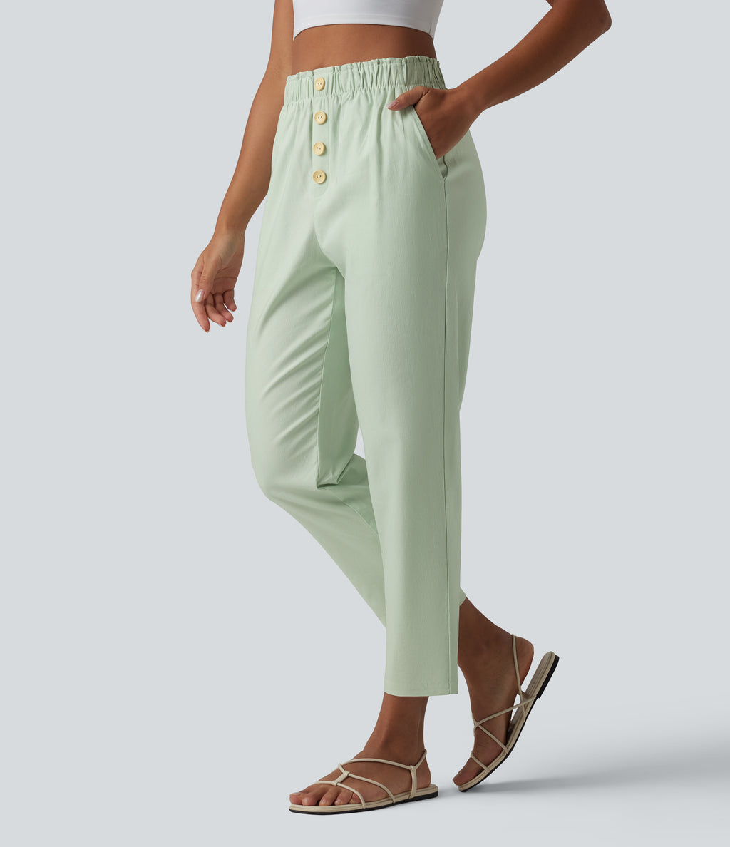 High Waisted Tapered Casual Cotton Linen Trousers with Pockets — Pale Aqua — view 1
