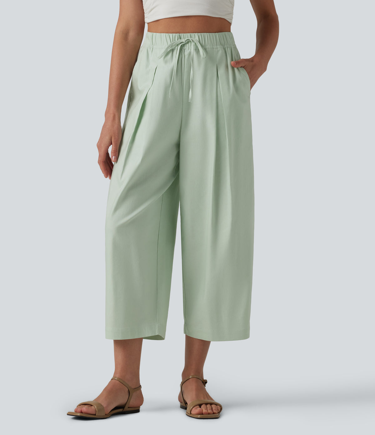 High Waisted Drawstring Barrel Leg Cropped Casual Cotton Linen Trousers with Pockets — Pale Aqua — view 3