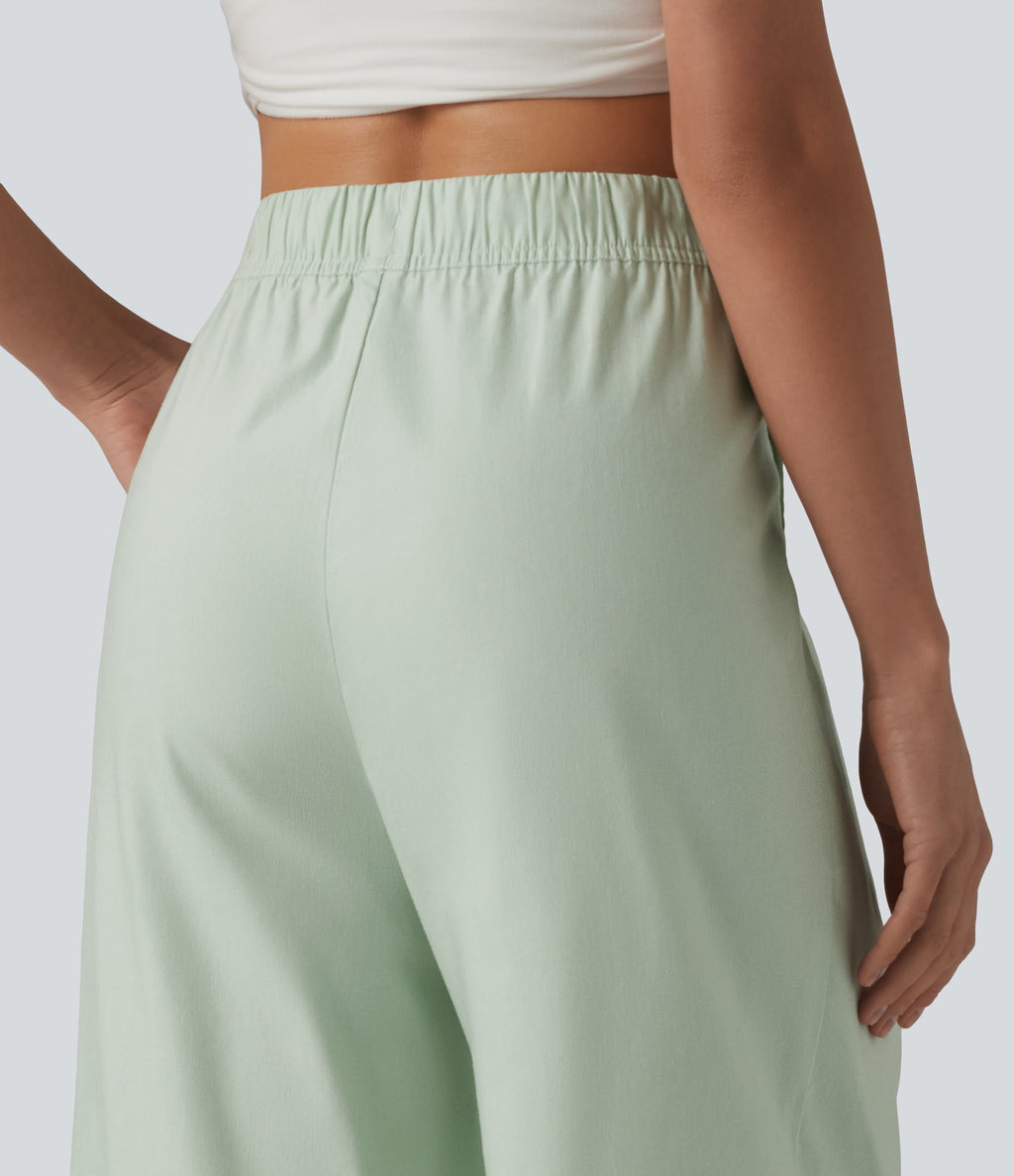High Waisted Drawstring Barrel Leg Cropped Casual Cotton Linen Trousers with Pockets — Pale Aqua — view 5