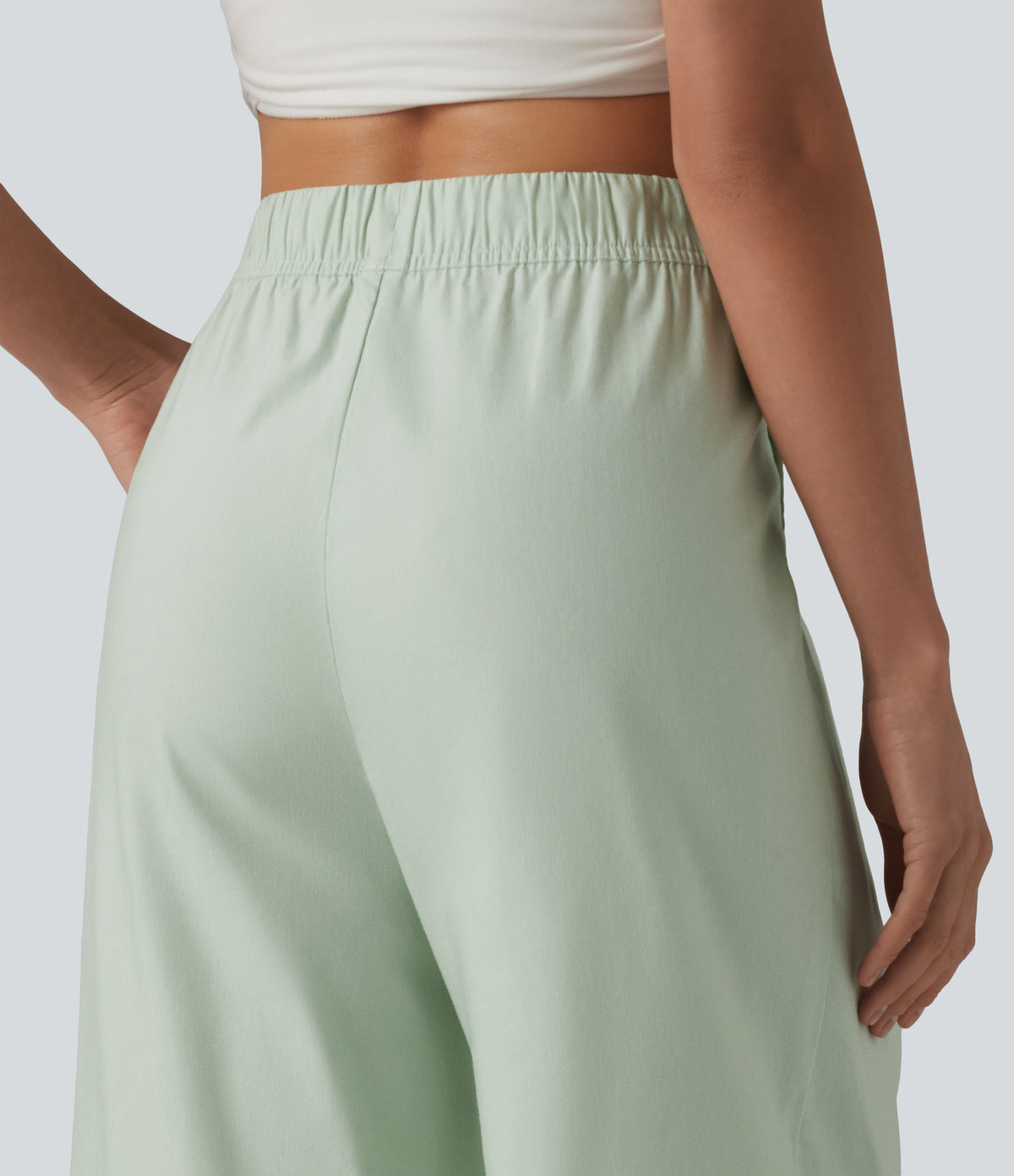 High Waisted Drawstring Barrel Leg Cropped Casual Cotton Linen Trousers with Pockets — Pale Aqua — view 5