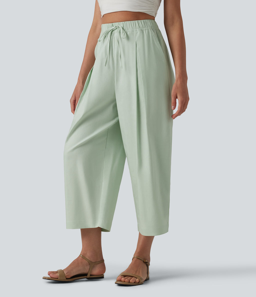 High Waisted Drawstring Barrel Leg Cropped Casual Cotton Linen Trousers with Pockets — Pale Aqua — view 1
