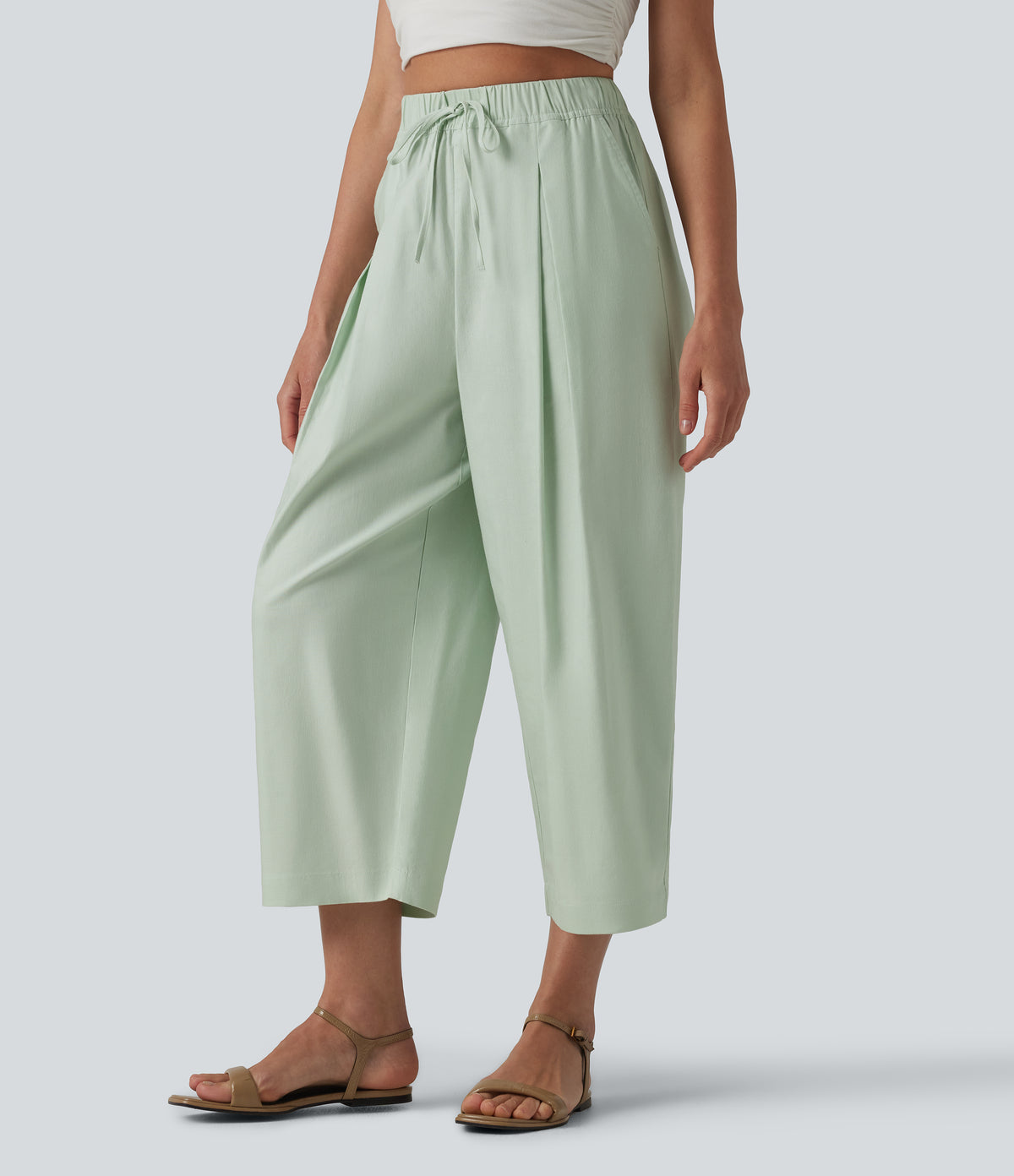High Waisted Drawstring Barrel Leg Cropped Casual Cotton Linen Trousers with Pockets — Pale Aqua — view 1