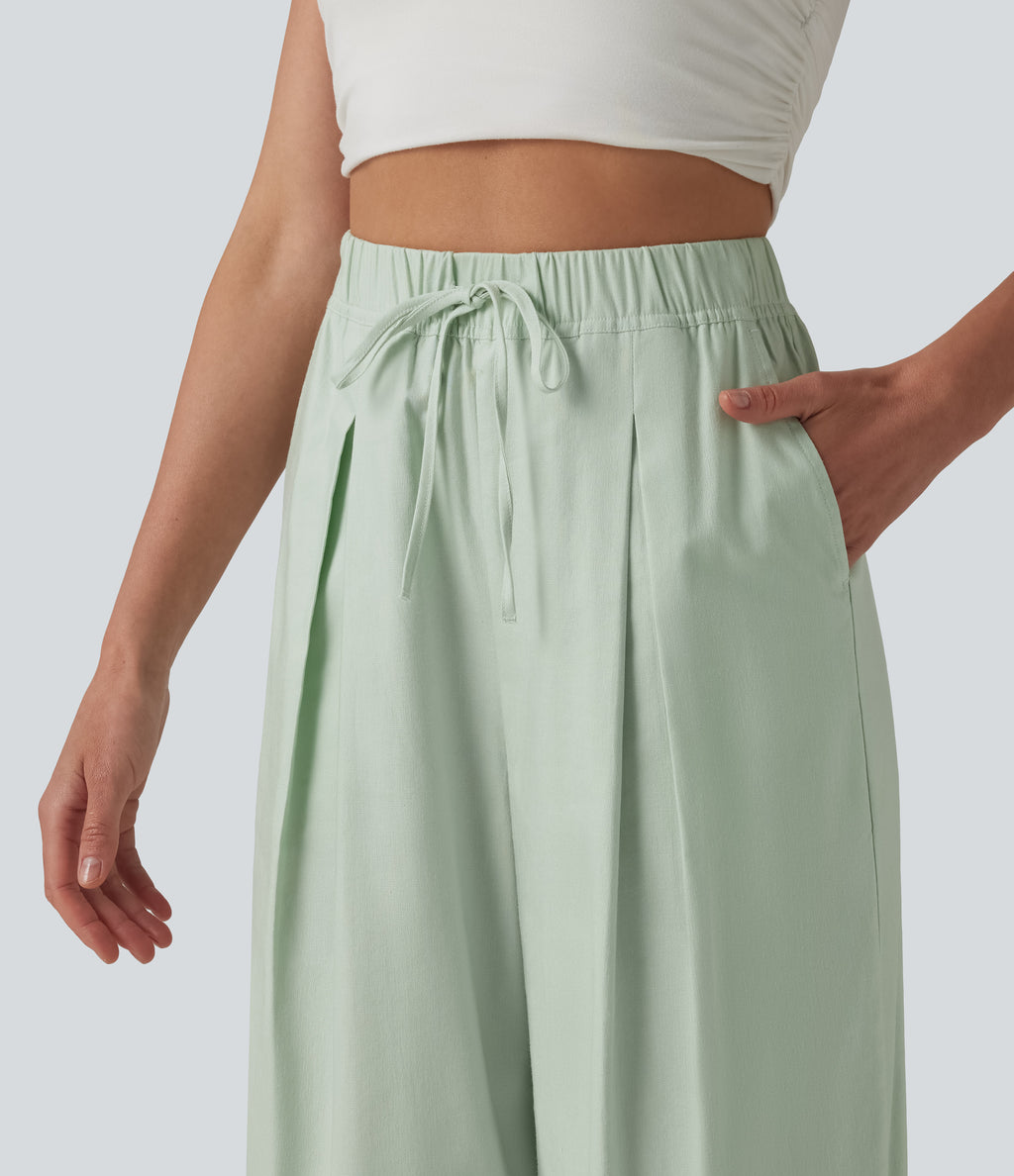 High Waisted Drawstring Barrel Leg Cropped Casual Cotton Linen Trousers with Pockets — Pale Aqua — view 4