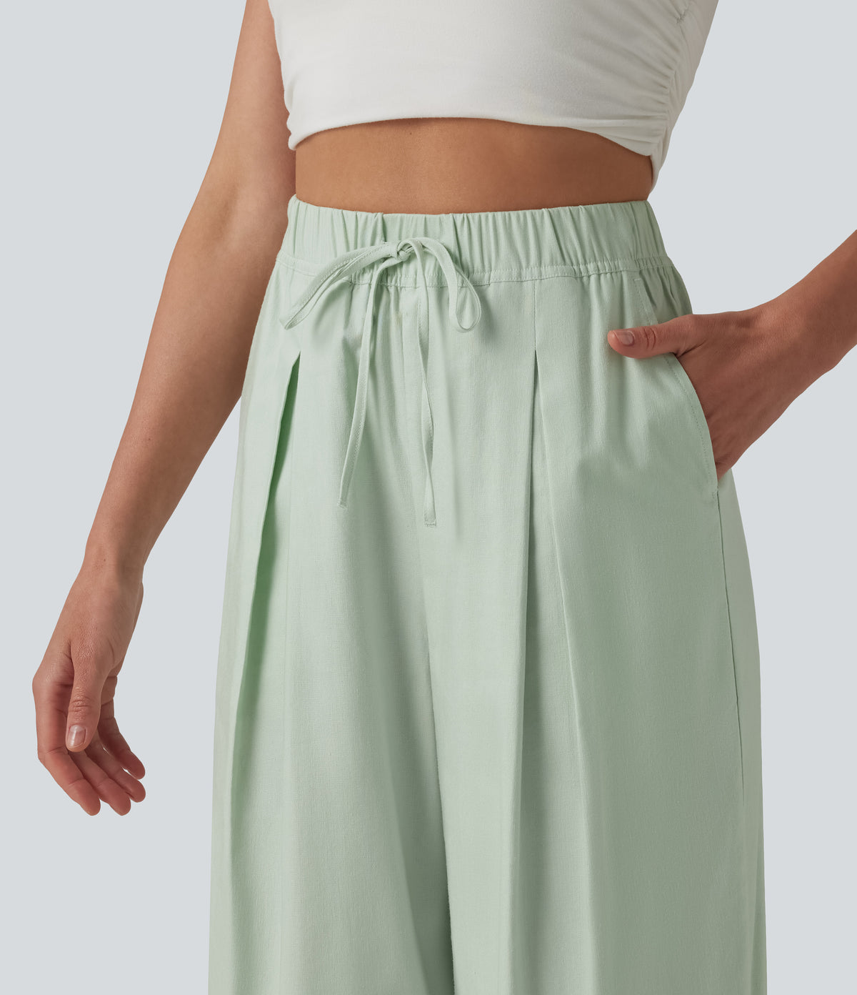 High Waisted Drawstring Barrel Leg Cropped Casual Cotton Linen Trousers with Pockets — Pale Aqua — view 4