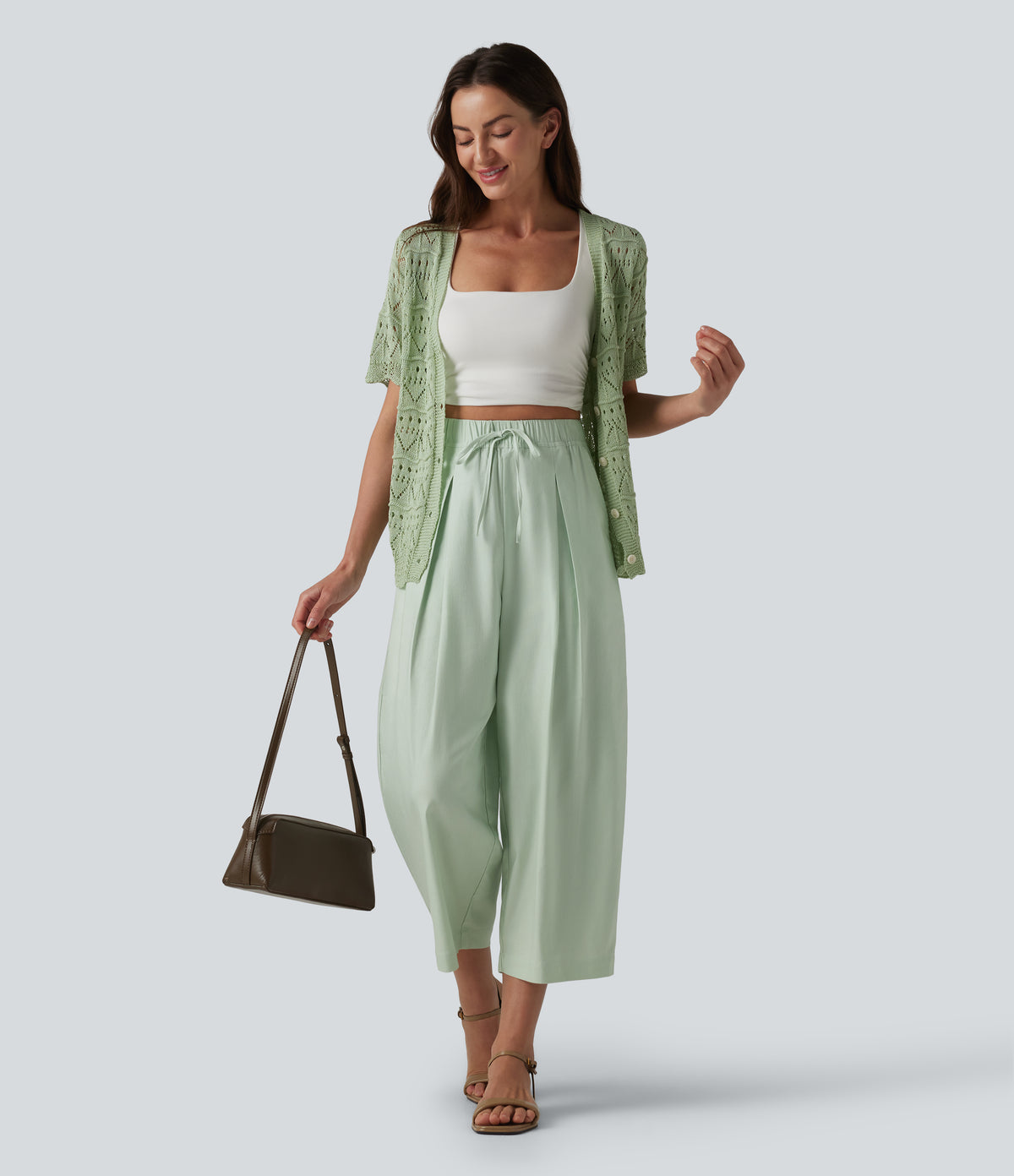 High Waisted Drawstring Barrel Leg Cropped Casual Cotton Linen Trousers with Pockets — Pale Aqua — view 6