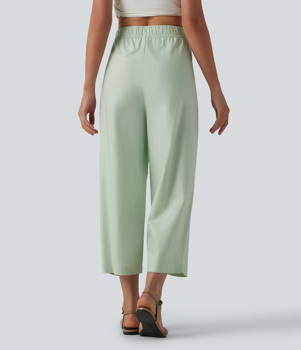 High Waisted Drawstring Barrel Leg Cropped Casual Cotton Linen Trousers with Pockets — Pale Aqua — view 2