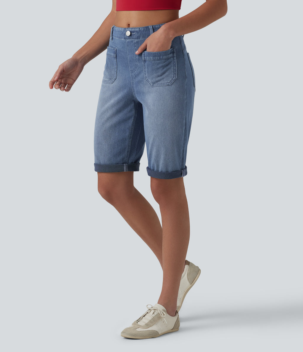 Mid Rise Rolled Hem Denim Casual Shorts with Pockets — Blue Jasper Denim — view 3