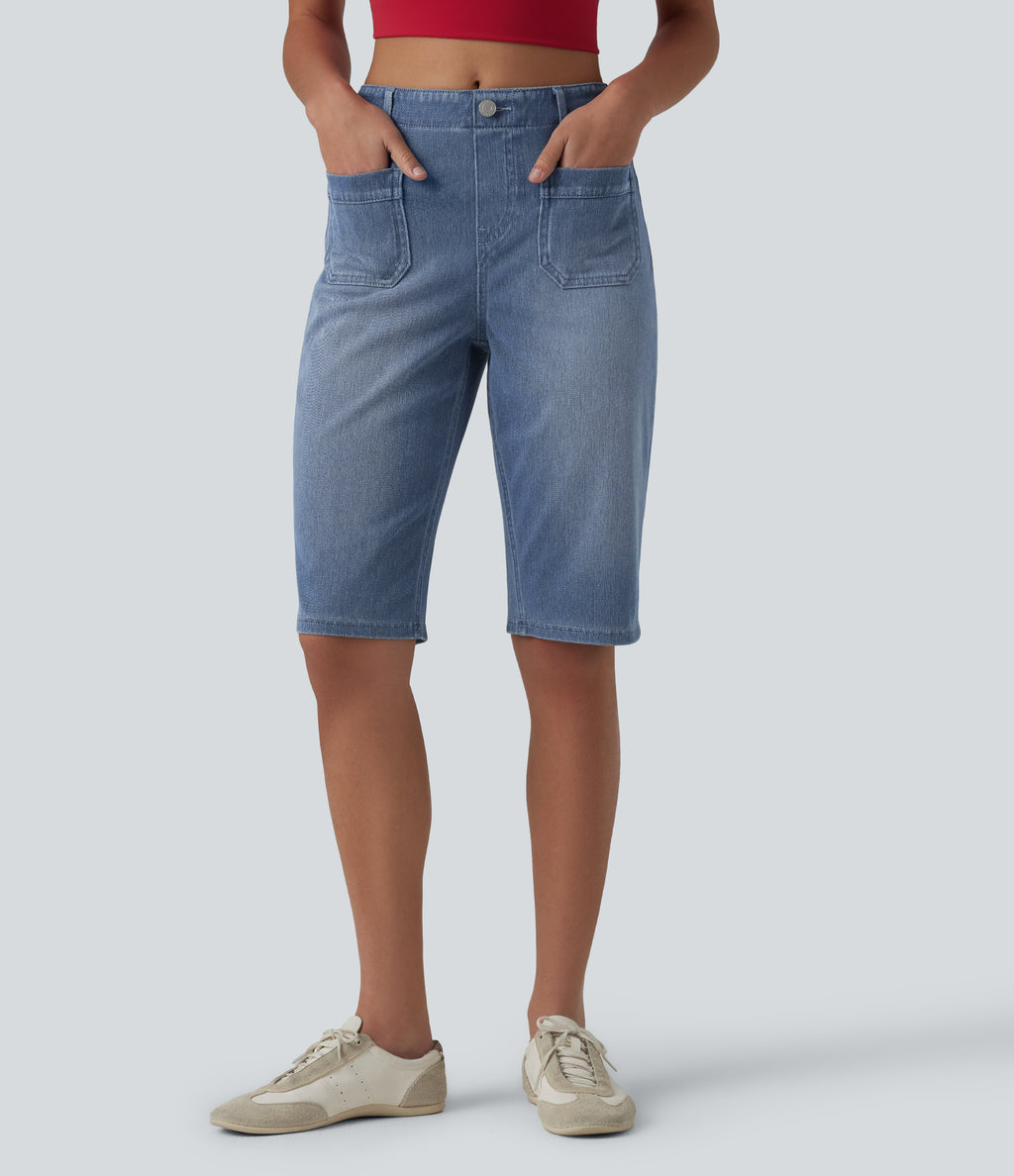 Mid Rise Rolled Hem Denim Casual Shorts with Pockets — Blue Jasper Denim — view 4