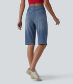 Mid Rise Rolled Hem Denim Casual Shorts with Pockets — Blue Jasper Denim — view 2
