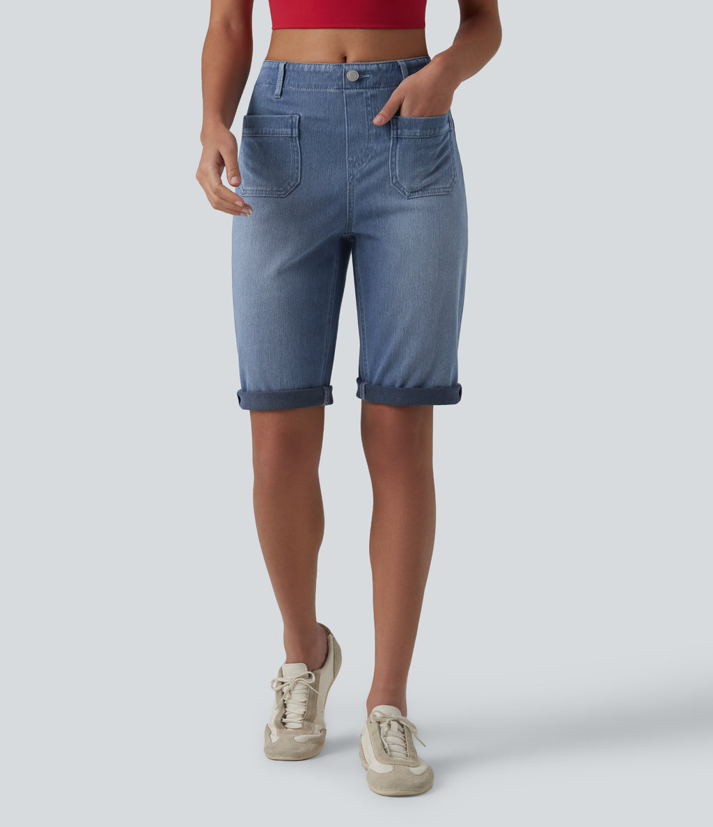 Mid Rise Rolled Hem Denim Casual Shorts with Pockets — Blue Jasper Denim — view 1
