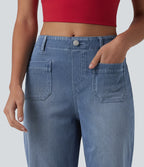 Mid Rise Rolled Hem Denim Casual Shorts with Pockets — Blue Jasper Denim — view 5