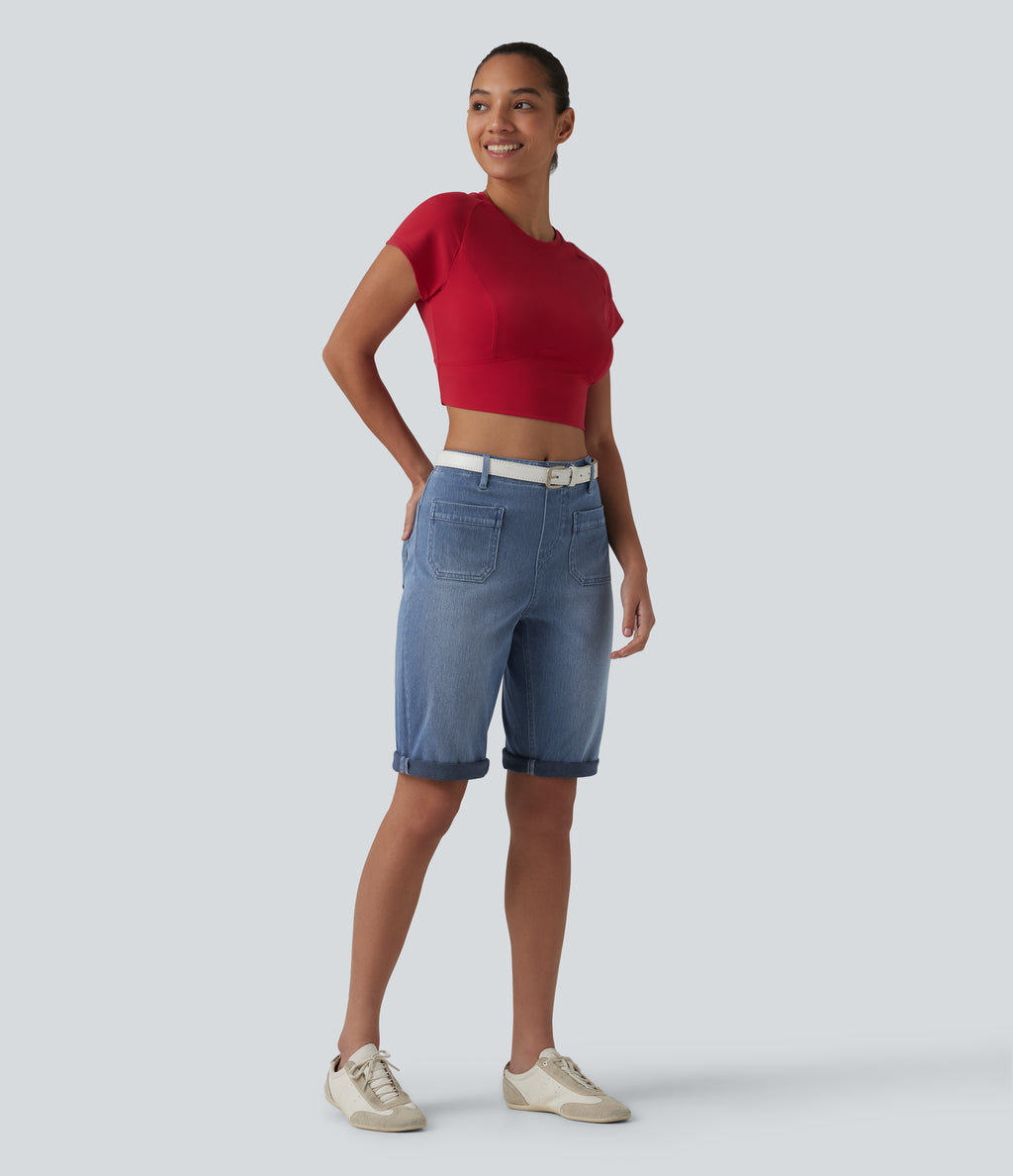 Mid Rise Rolled Hem Denim Casual Shorts with Pockets — Blue Jasper Denim — view 7