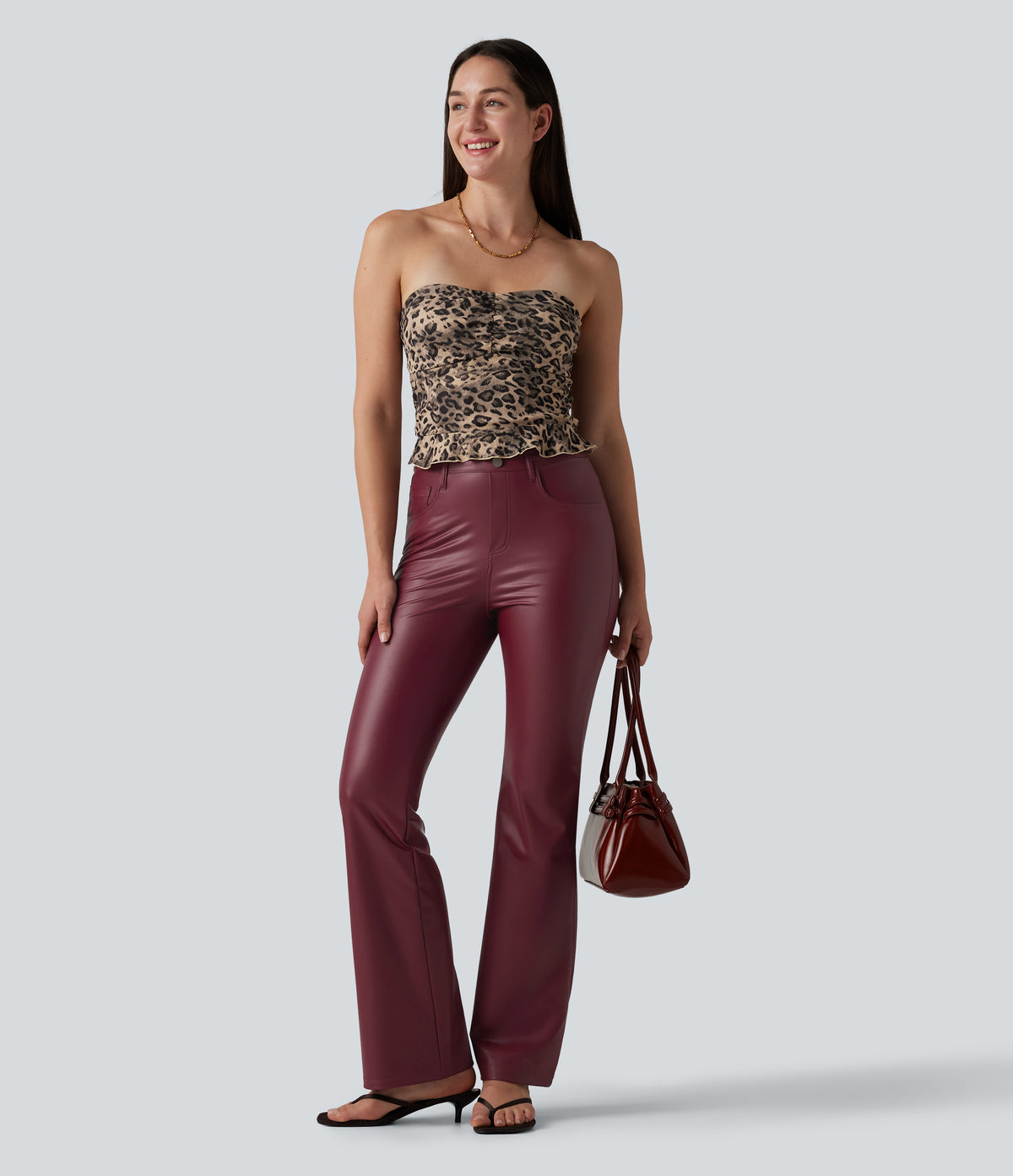 High Waisted Stretchy PU Bootcut Casual Trousers with Pockets — Berrywood Red — view 7