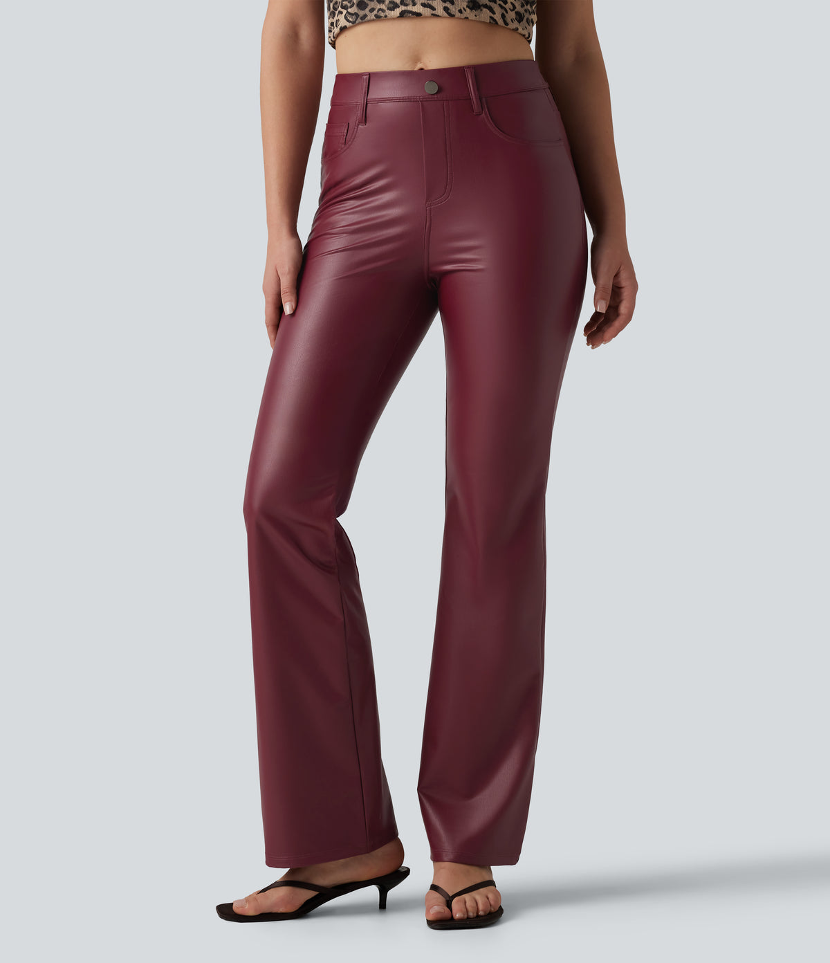 High Waisted Stretchy PU Bootcut Casual Trousers with Pockets — Berrywood Red — view 2