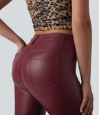 High Waisted Stretchy PU Bootcut Casual Trousers with Pockets — Berrywood Red — view 5