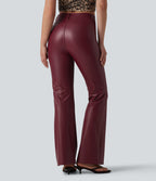 High Waisted Stretchy PU Bootcut Casual Trousers with Pockets — Berrywood Red — view 1
