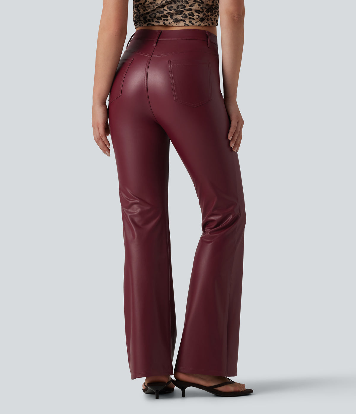 High Waisted Stretchy PU Bootcut Casual Trousers with Pockets — Berrywood Red — view 1