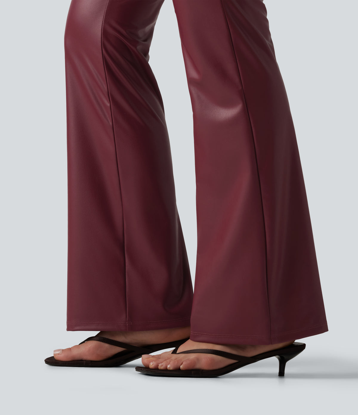High Waisted Stretchy PU Bootcut Casual Trousers with Pockets — Berrywood Red — view 6