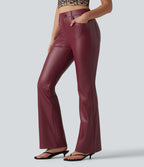 High Waisted Stretchy PU Bootcut Casual Trousers with Pockets — Berrywood Red — view 3