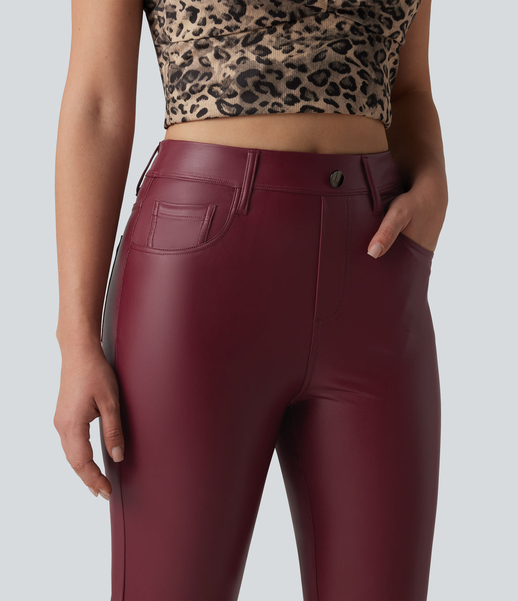 High Waisted Stretchy PU Bootcut Casual Trousers with Pockets — Berrywood Red — view 4