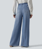 High Waisted Wide Leg Casual Jeans with Pockets — Malibu Blue Denim — view 2
