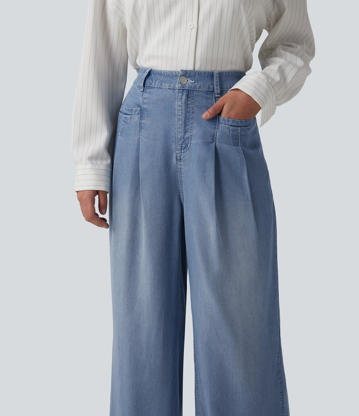 High Waisted Wide Leg Casual Jeans with Pockets — Malibu Blue Denim — view 5