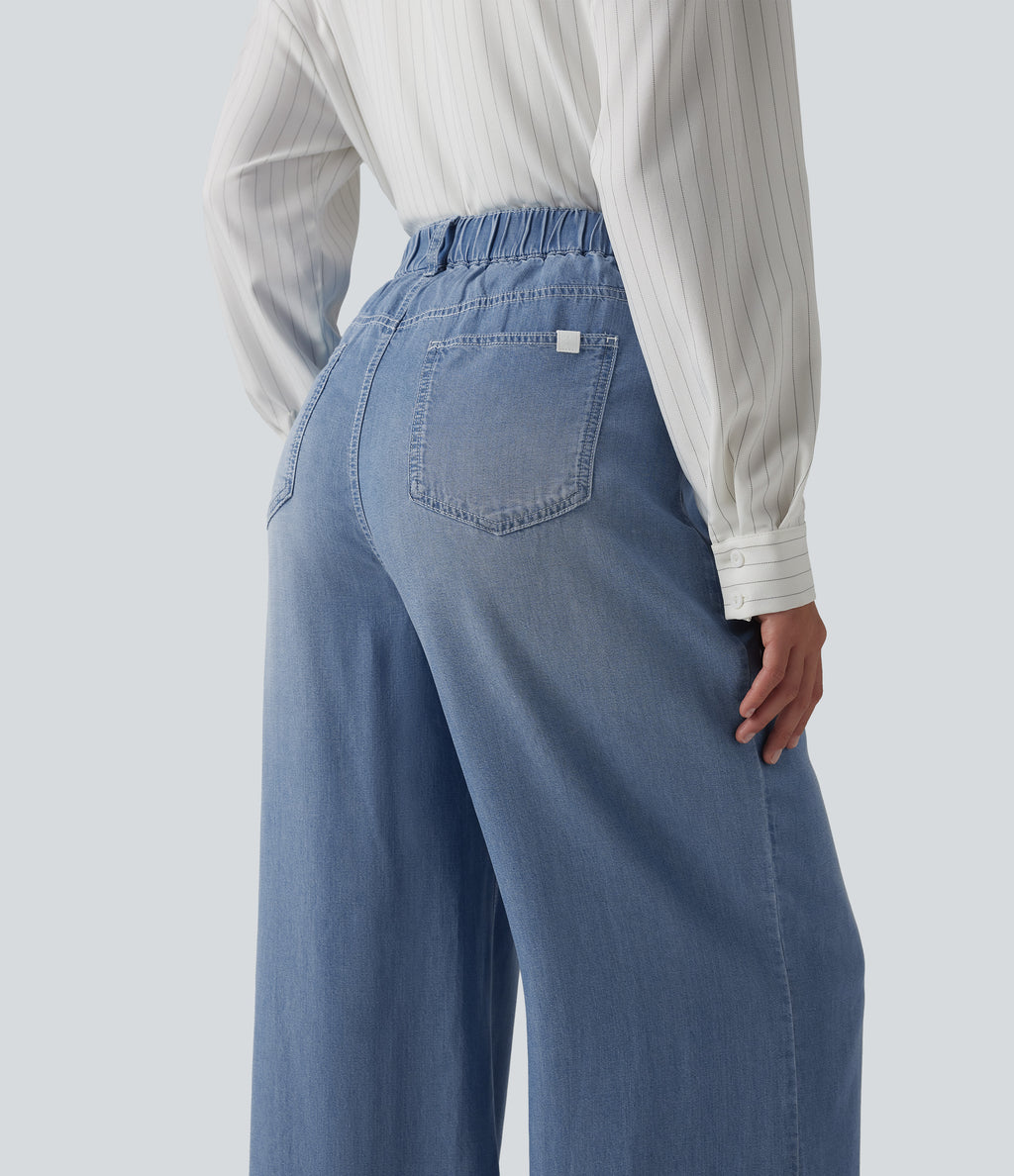 High Waisted Wide Leg Casual Jeans with Pockets — Malibu Blue Denim — view 4