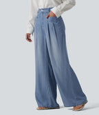 High Waisted Wide Leg Casual Jeans with Pockets — Malibu Blue Denim — view 3