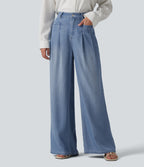 High Waisted Wide Leg Casual Jeans with Pockets — Malibu Blue Denim — view 1