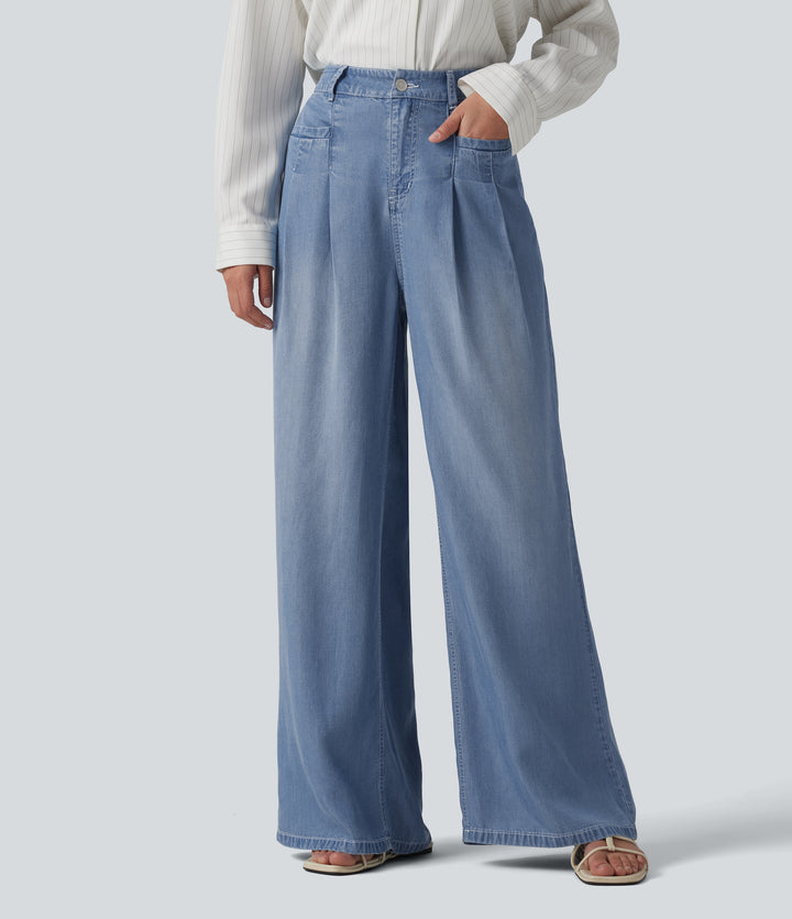 High Waisted Wide Leg Casual Jeans with Pockets — Malibu Blue Denim — view 1