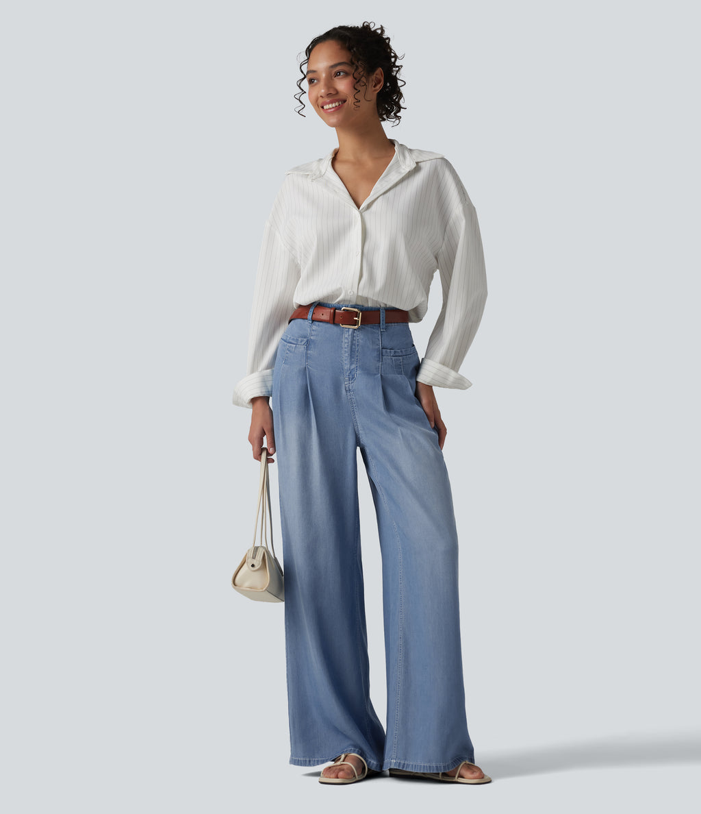 High Waisted Wide Leg Casual Jeans with Pockets — Malibu Blue Denim — view 6