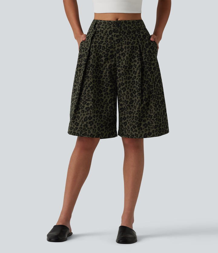Mid Rise Leopard Print Casual Baggy Shorts 10'' with Pockets — Olive Leopard — view 1