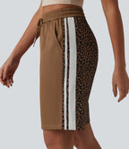 Mid Rise Drawstring Color Block Stripes Contrast Leopard Casual Baggy Shorts 10'' with Pockets — Black Coffee Leopard Print — view 7