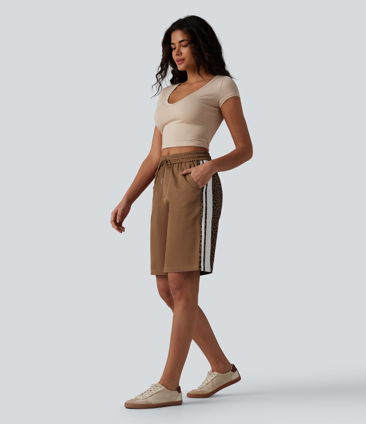 Mid Rise Drawstring Color Block Stripes Contrast Leopard Casual Baggy Shorts 10'' with Pockets — Black Coffee Leopard Print — view 8