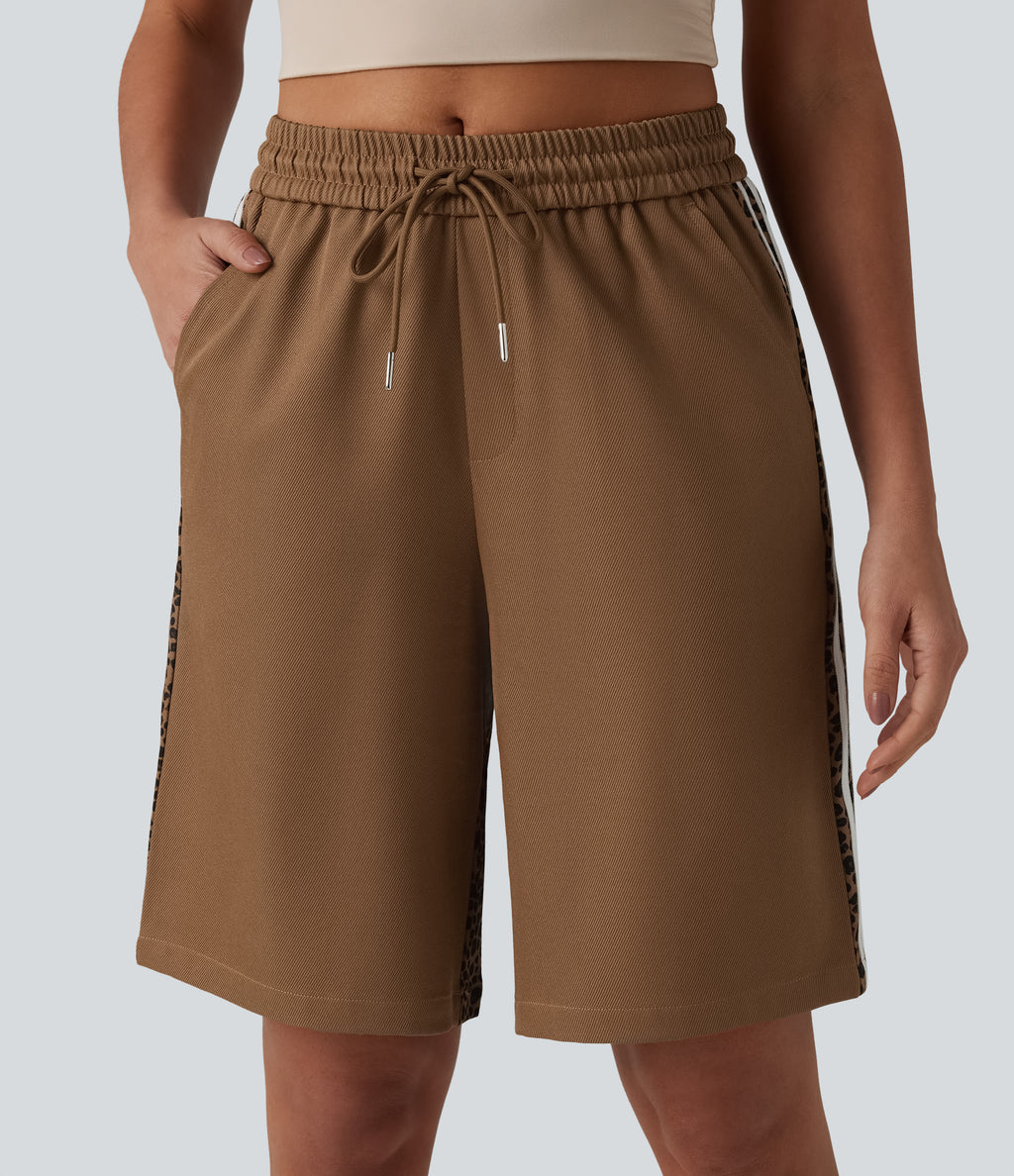 Mid Rise Drawstring Color Block Stripes Contrast Leopard Casual Baggy Shorts 10'' with Pockets — Black Coffee Leopard Print — view 5