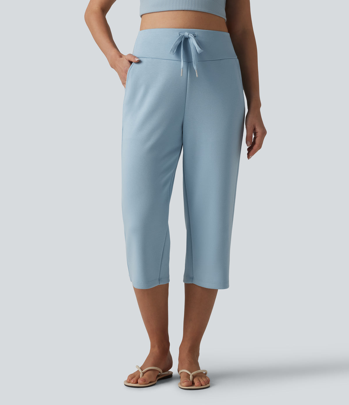High Waisted Drawstring Straight Leg Capri Casual Trousers with Pockets — Light Foggy Blue — view 1