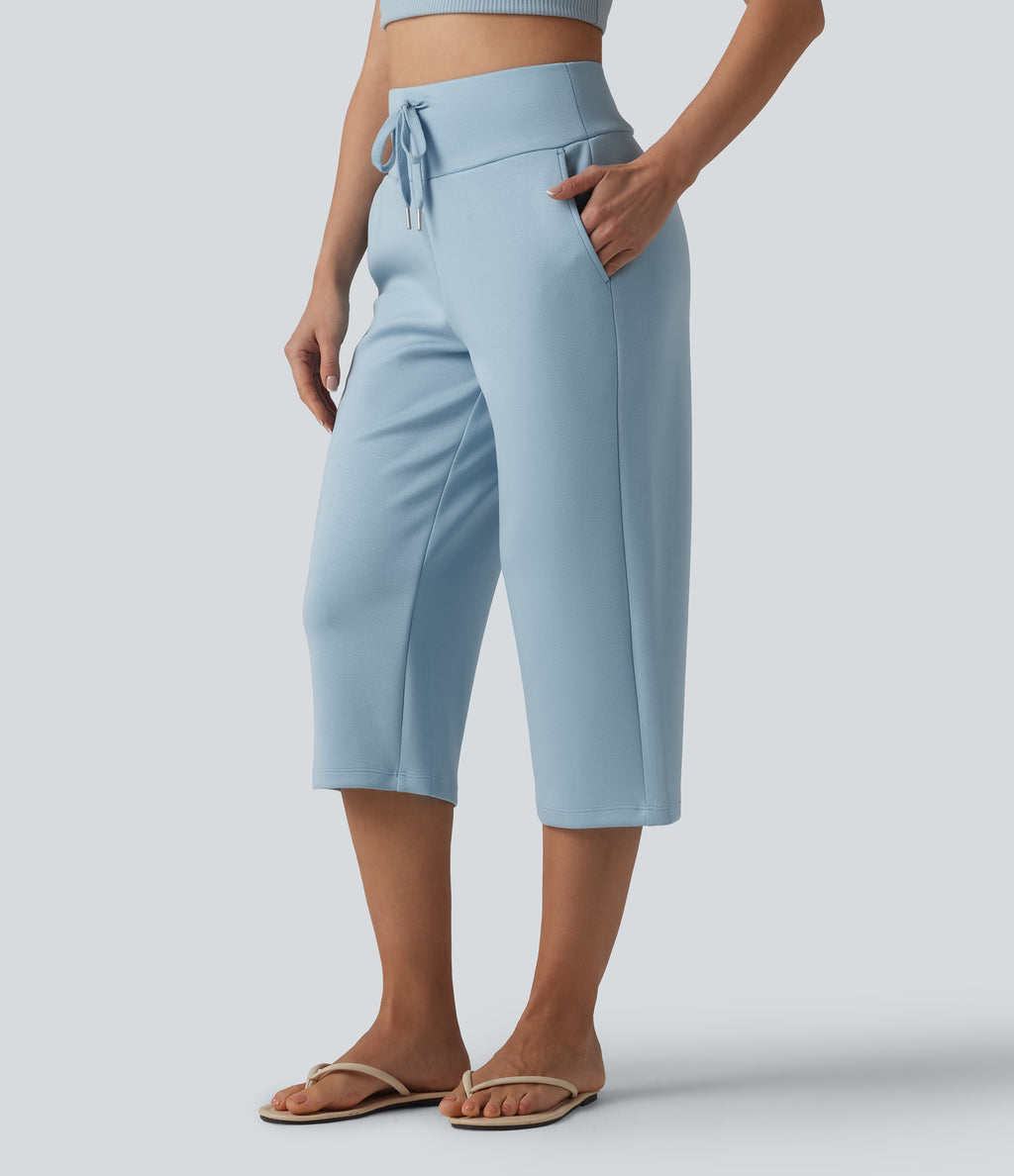 High Waisted Drawstring Straight Leg Capri Casual Trousers with Pockets — Light Foggy Blue — view 3