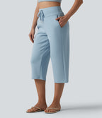 High Waisted Drawstring Straight Leg Capri Casual Trousers with Pockets — Light Foggy Blue — view 3