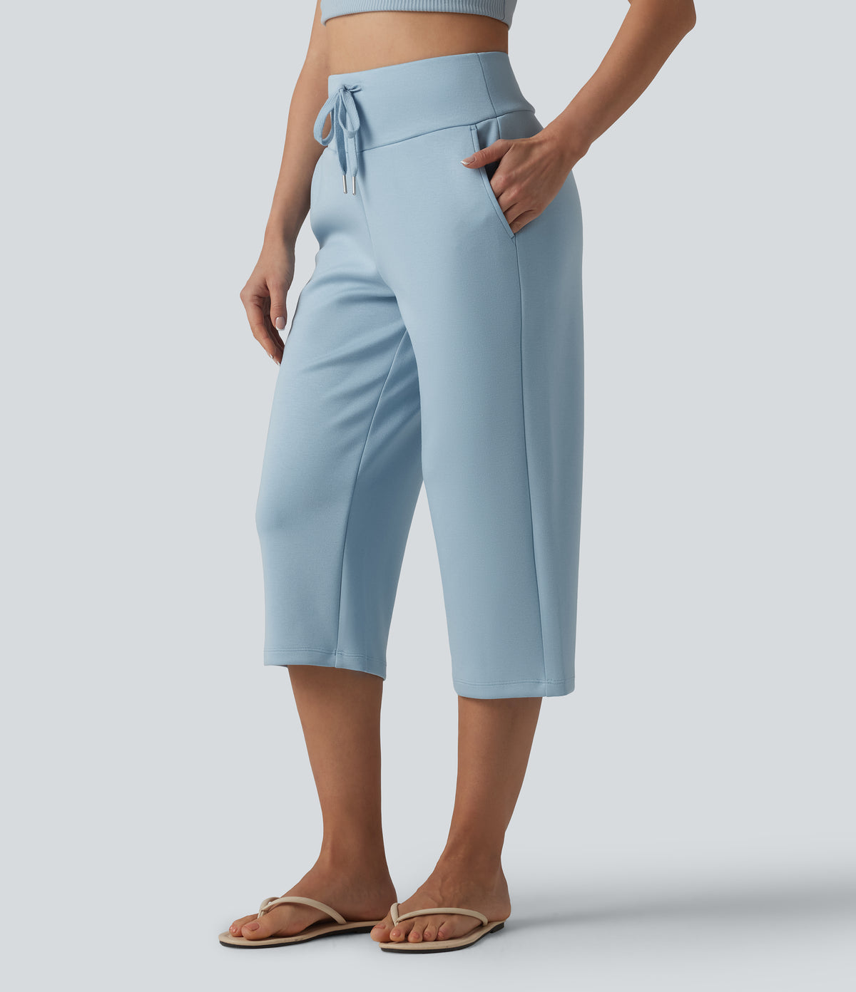 High Waisted Drawstring Straight Leg Capri Casual Trousers with Pockets — Light Foggy Blue — view 3