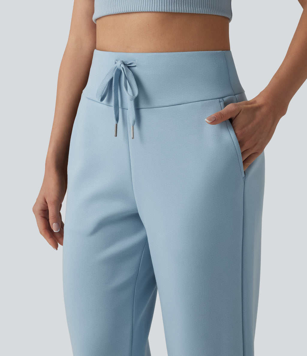 High Waisted Drawstring Straight Leg Capri Casual Trousers with Pockets — Light Foggy Blue — view 5
