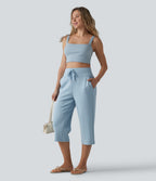 High Waisted Drawstring Straight Leg Capri Casual Trousers with Pockets — Light Foggy Blue — view 6