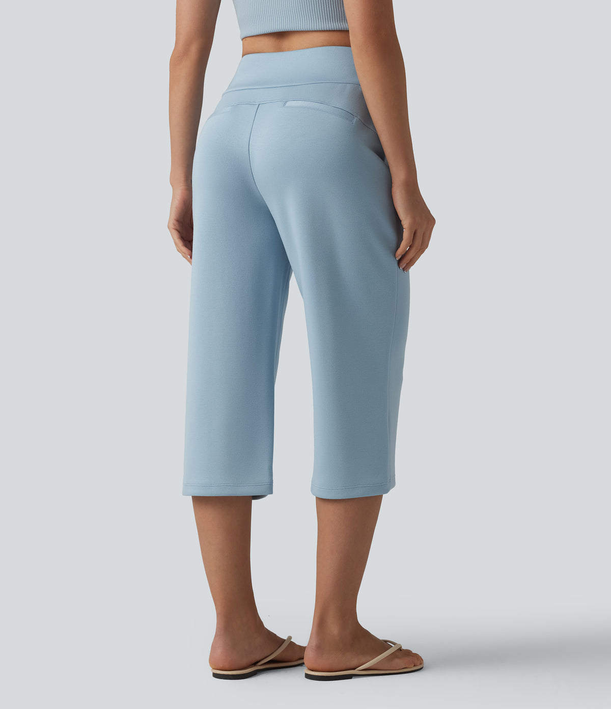 High Waisted Drawstring Straight Leg Capri Casual Trousers with Pockets — Light Foggy Blue — view 2